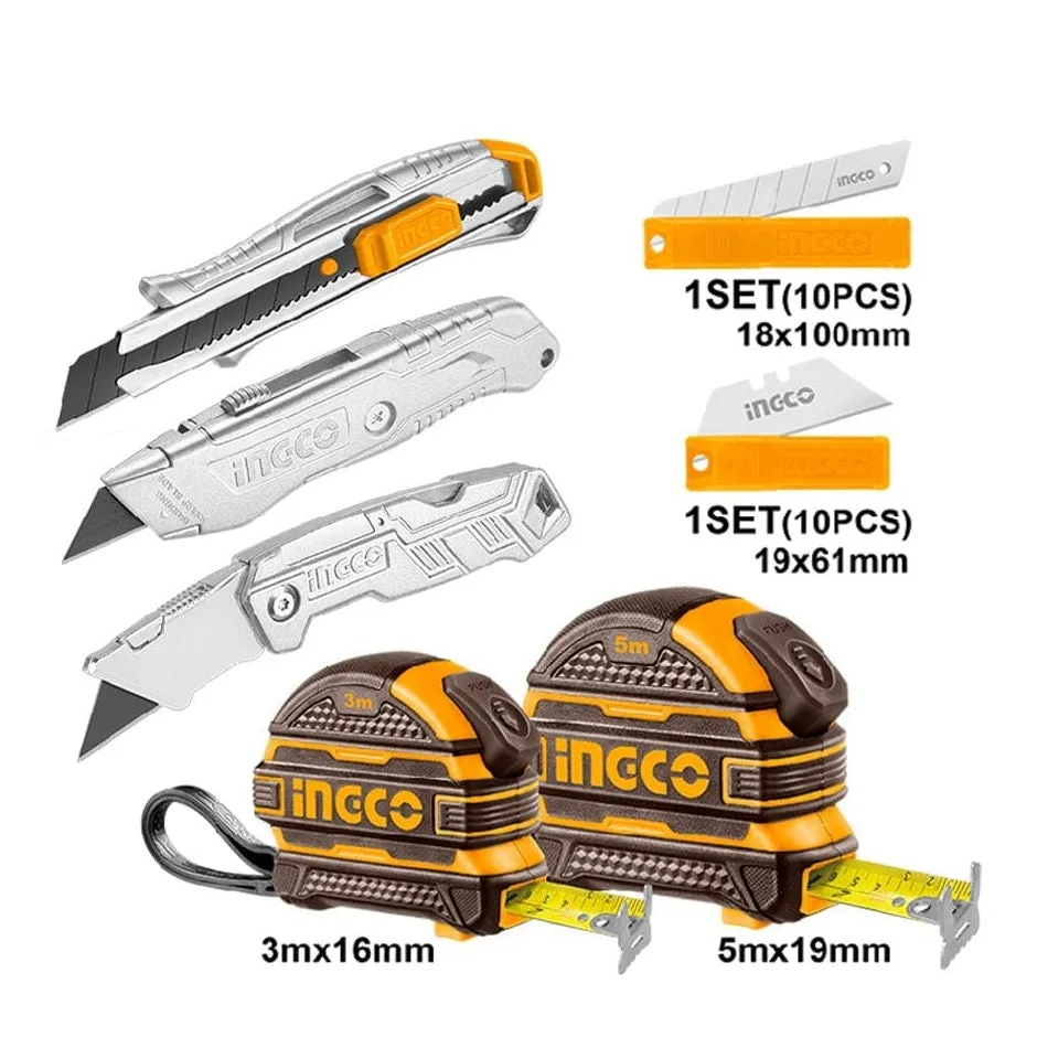 Ingco 7 Pieces Steel Measuring Tape & Utility Knife Set - HMK23036