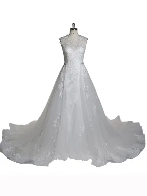 Ivory Lace Beading Bridal Gown Round Neck Luxury Wedding Dress with Detachable Train Sleeveless Wedding Guest Dress YEWEN