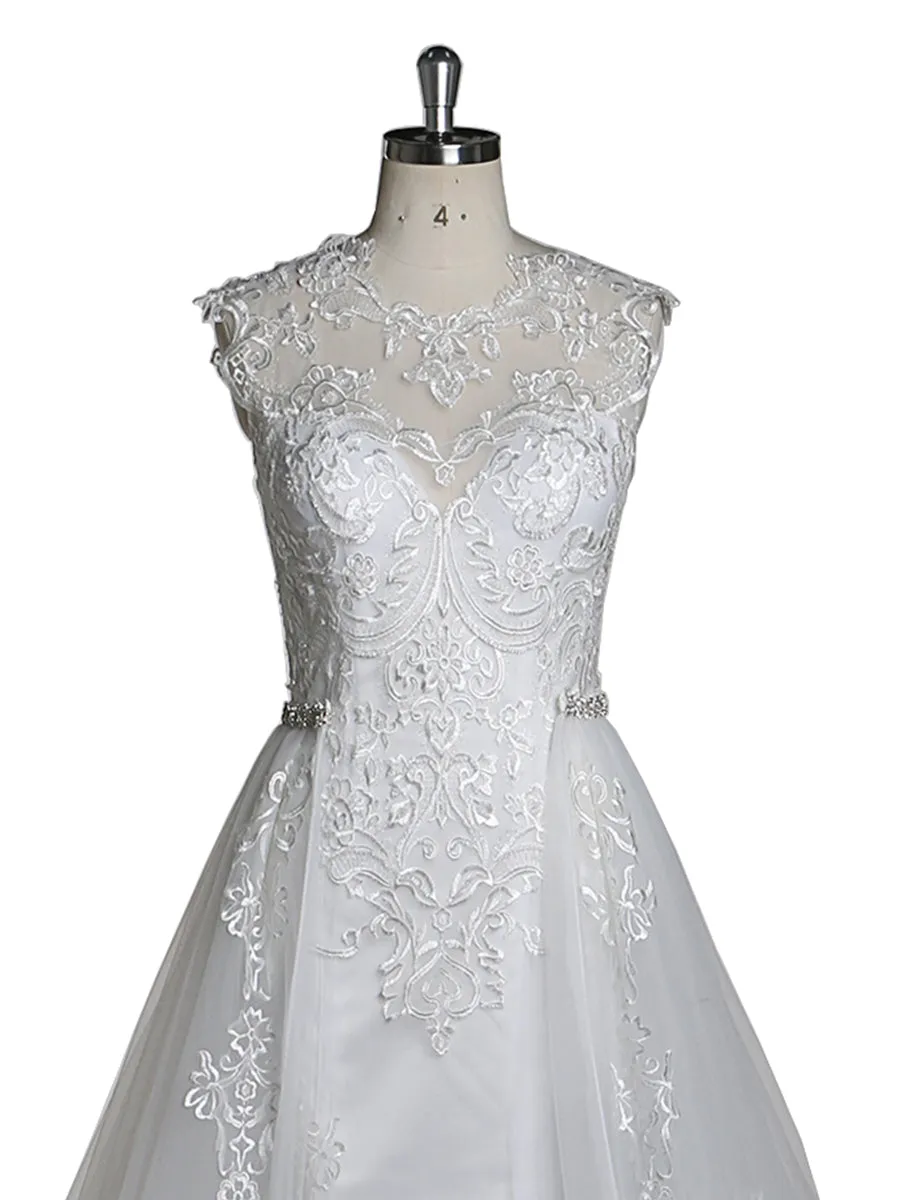 Ivory Lace Beading Bridal Gown Round Neck Luxury Wedding Dress with Detachable Train Sleeveless Wedding Guest Dress YEWEN