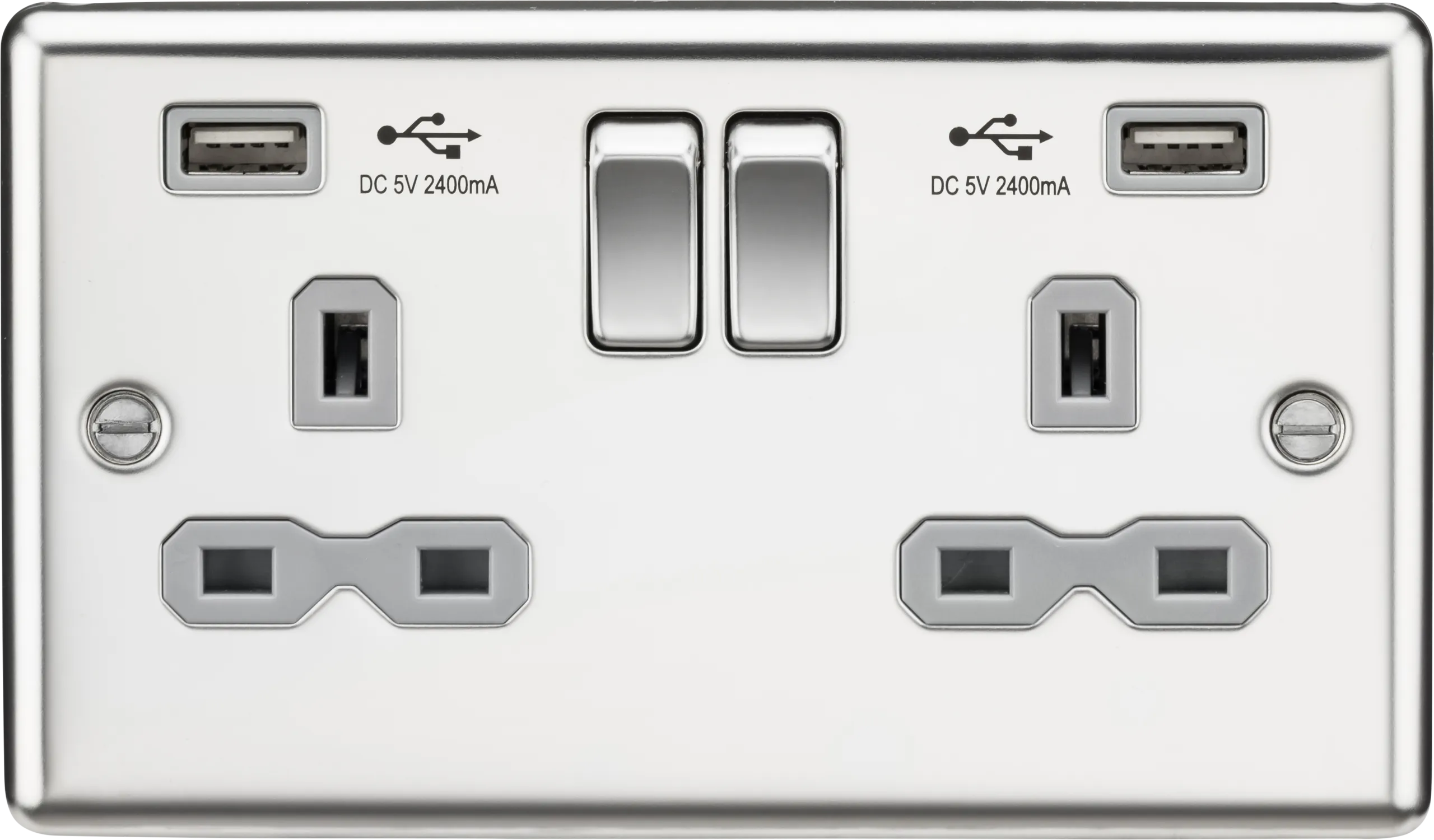 Knightsbridge CL9224PCG Rounded Edge 13A 2G Switch Socket  2xUSB 2.4A - Polished Chrome   Grey Insert