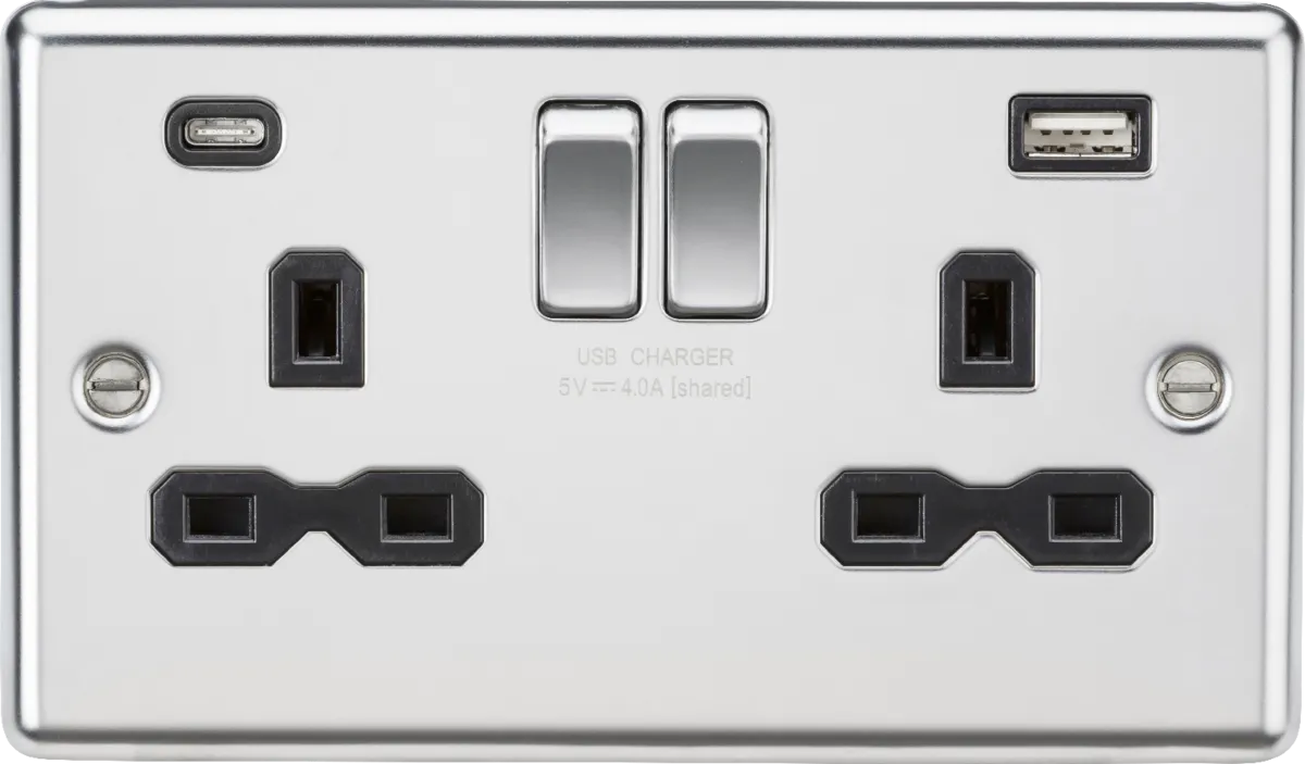 Knightsbridge CL9940PC Rounded Edge 13A 2G SP Switched Socket   2xUSB A C (5V DC 4.0A Shared) - Polished Chrome   Black Insert