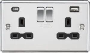 Knightsbridge CL9940PC Rounded Edge 13A 2G SP Switched Socket   2xUSB A C (5V DC 4.0A Shared) - Polished Chrome   Black Insert