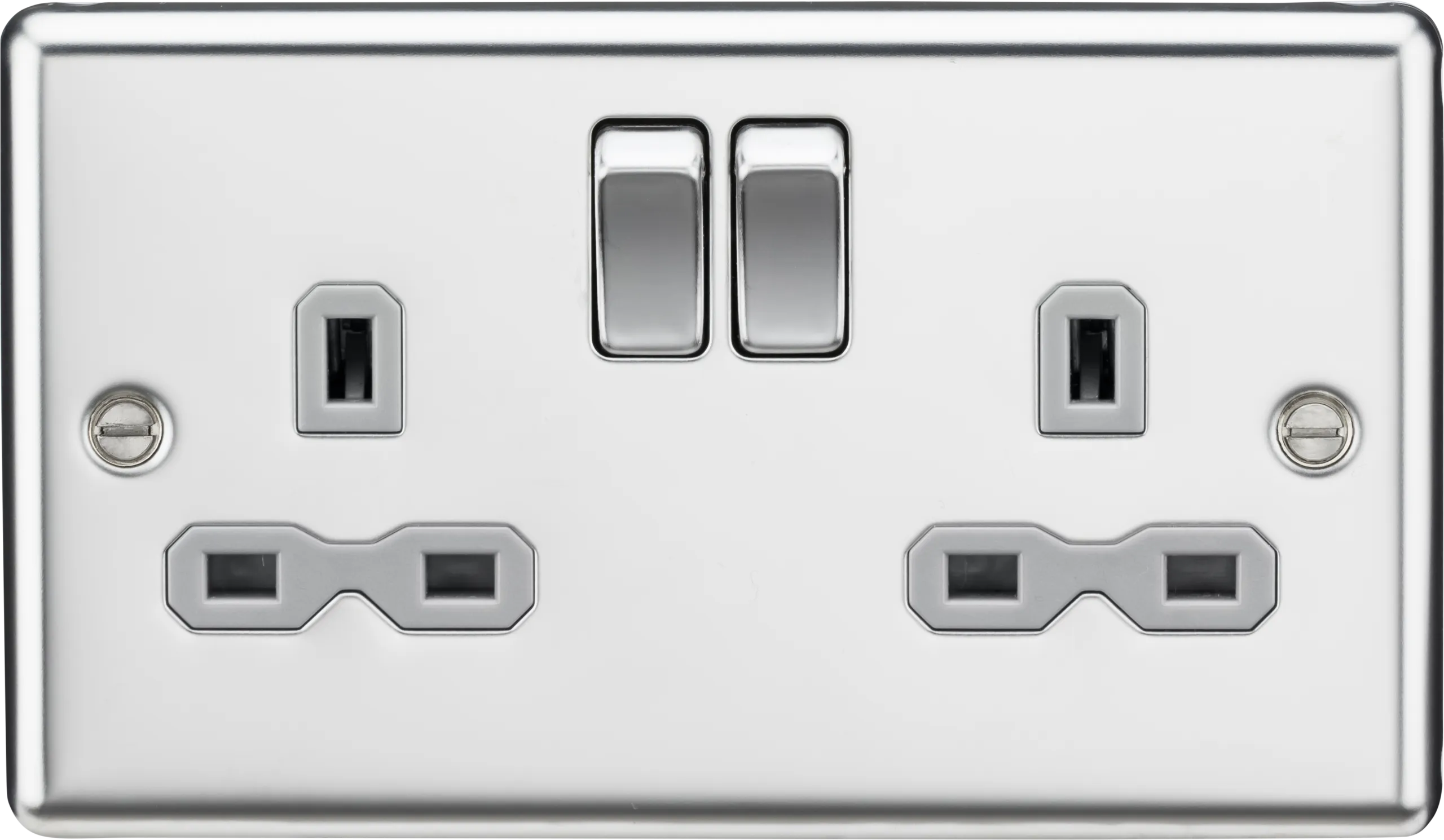Knightsbridge CL9PCG Rounded Edge 13A 2G DP Switched Socket - Polished Chrome   Grey Insert