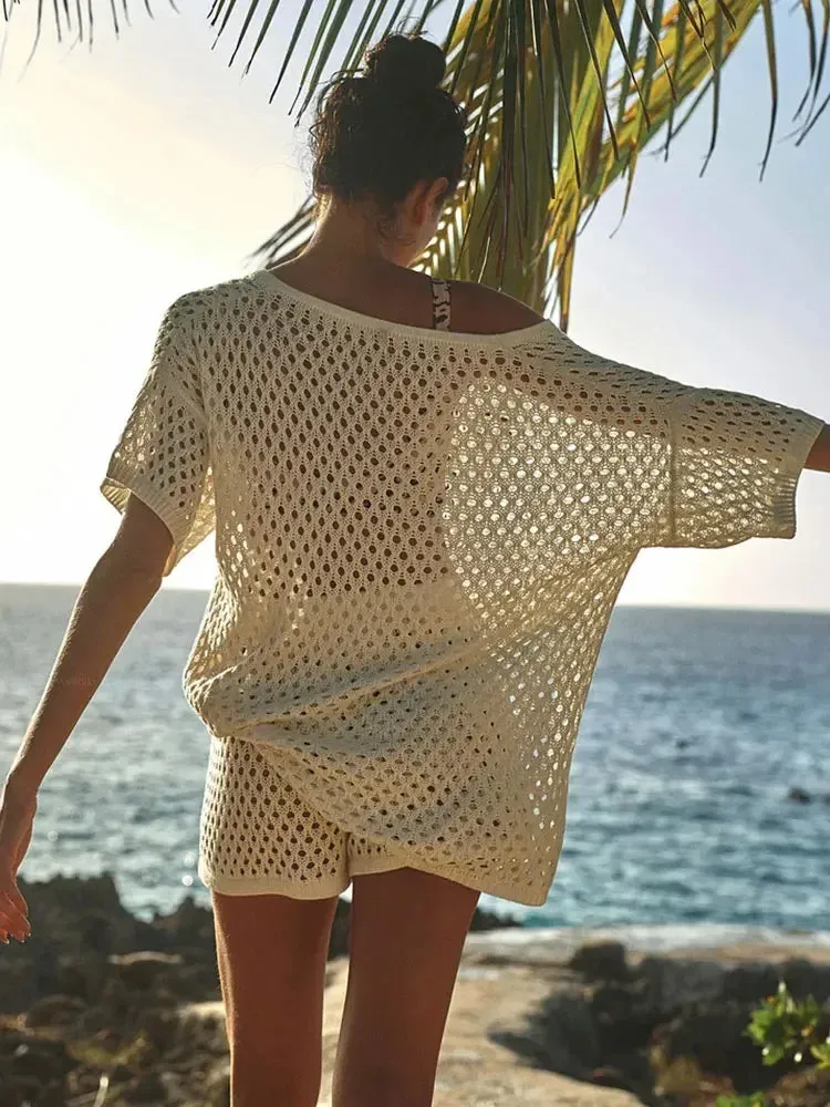 Knitted Tops & Shorts Set See Through Beach Cover Up