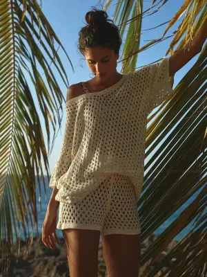 Knitted Tops & Shorts Set See Through Beach Cover Up