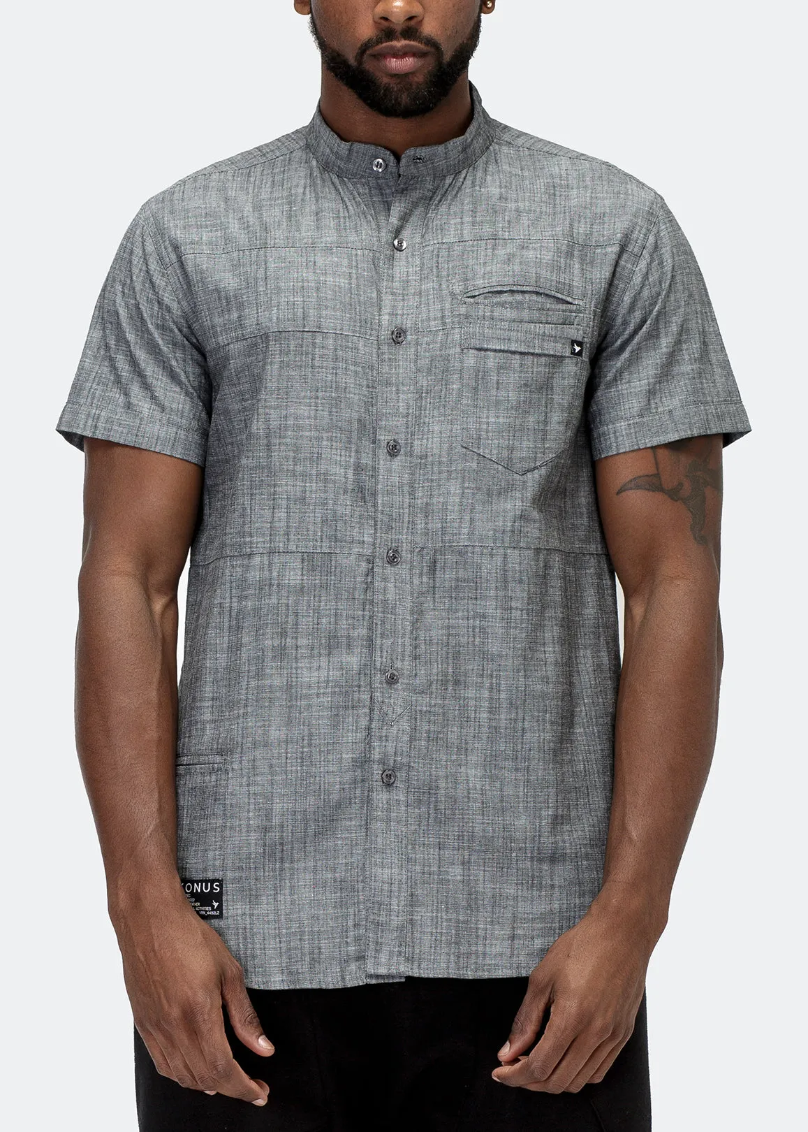 Konus Men's Short Sleeve Mandarin Collar Shirt In Charcoal