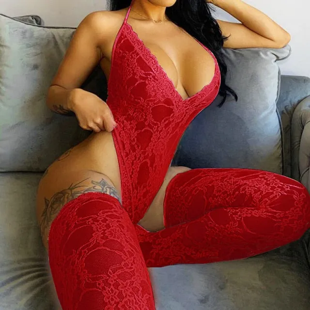 Lace Sleeveless See-through Backless Bodysuit With Socks
