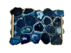 Large Blue Agate Serving Tray With Brass Handles
