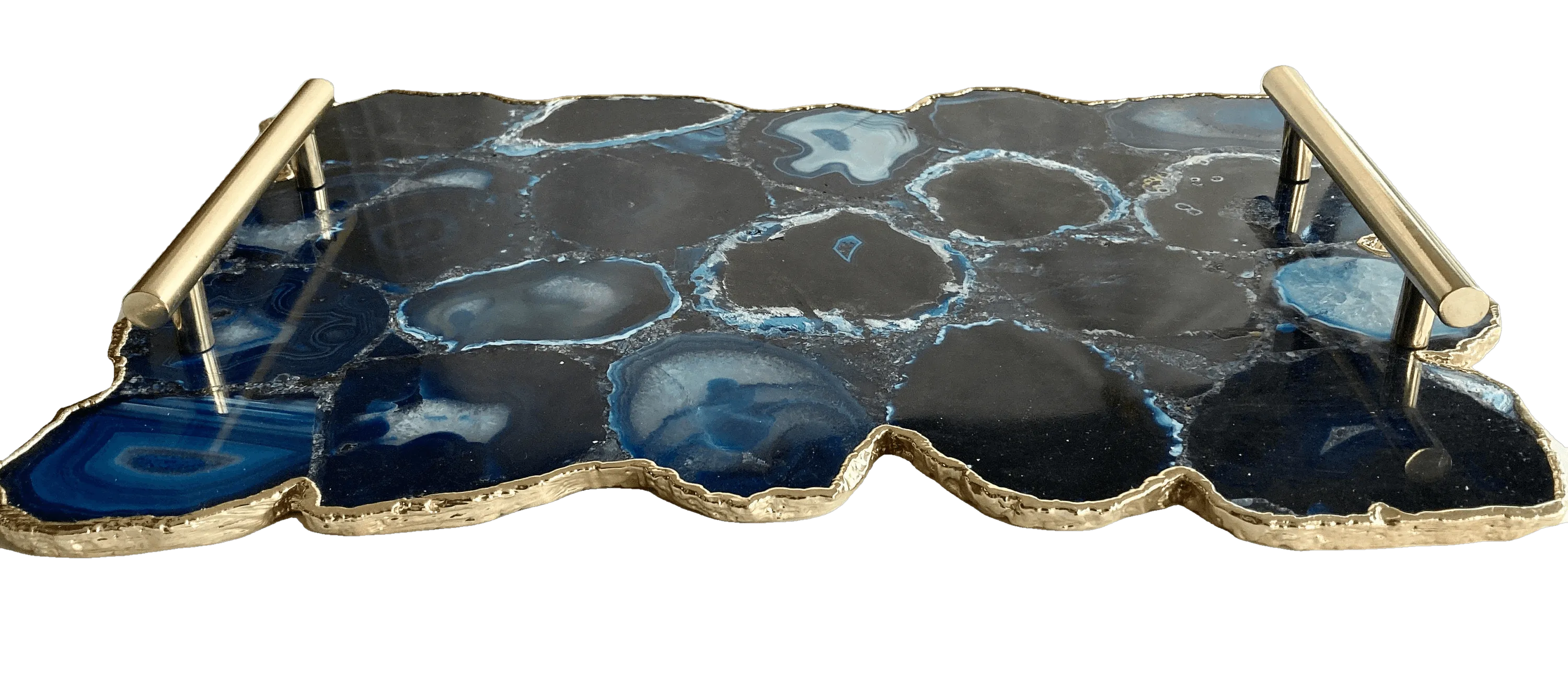 Large Blue Agate Serving Tray With Brass Handles