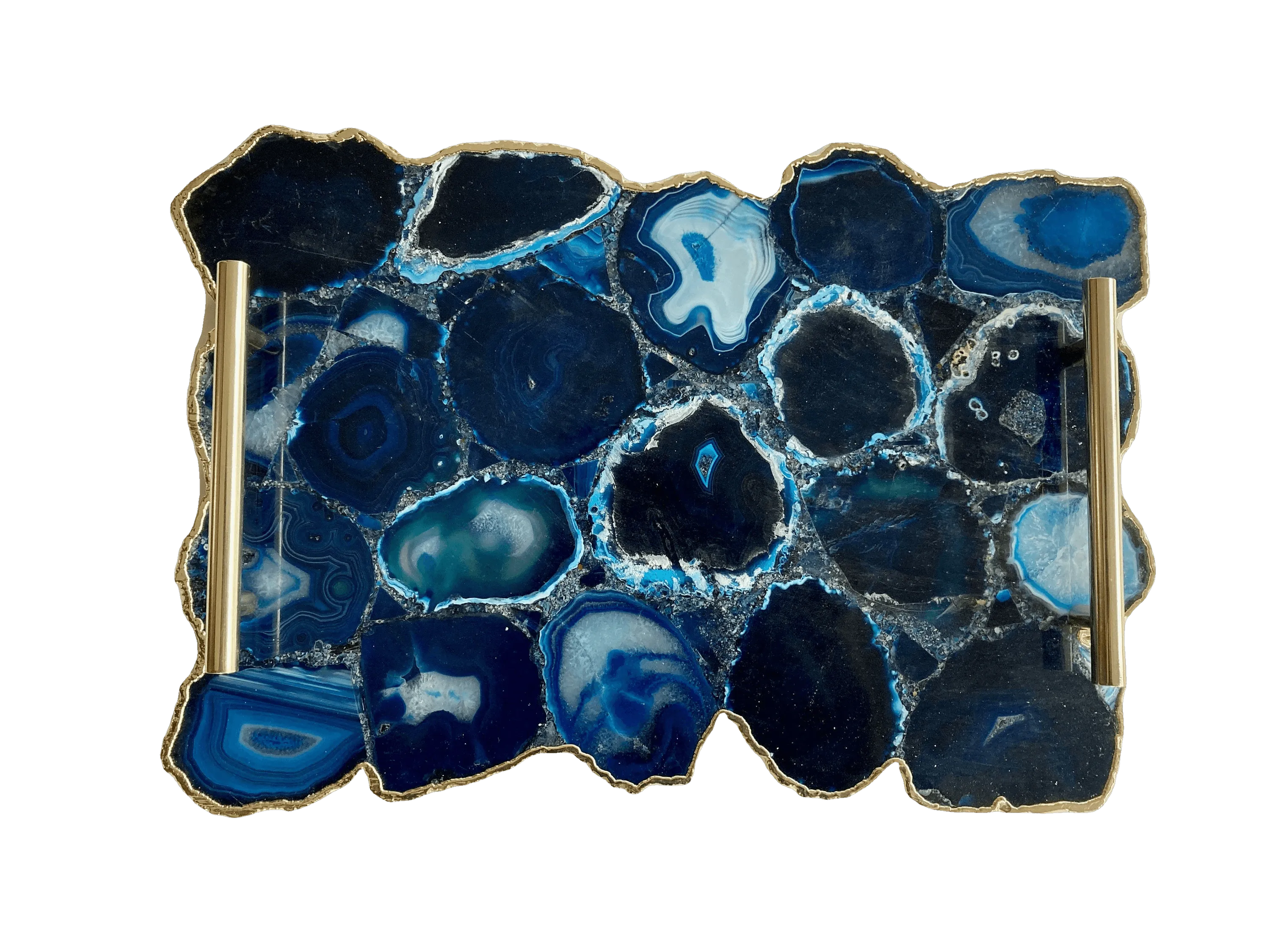 Large Blue Agate Serving Tray With Brass Handles