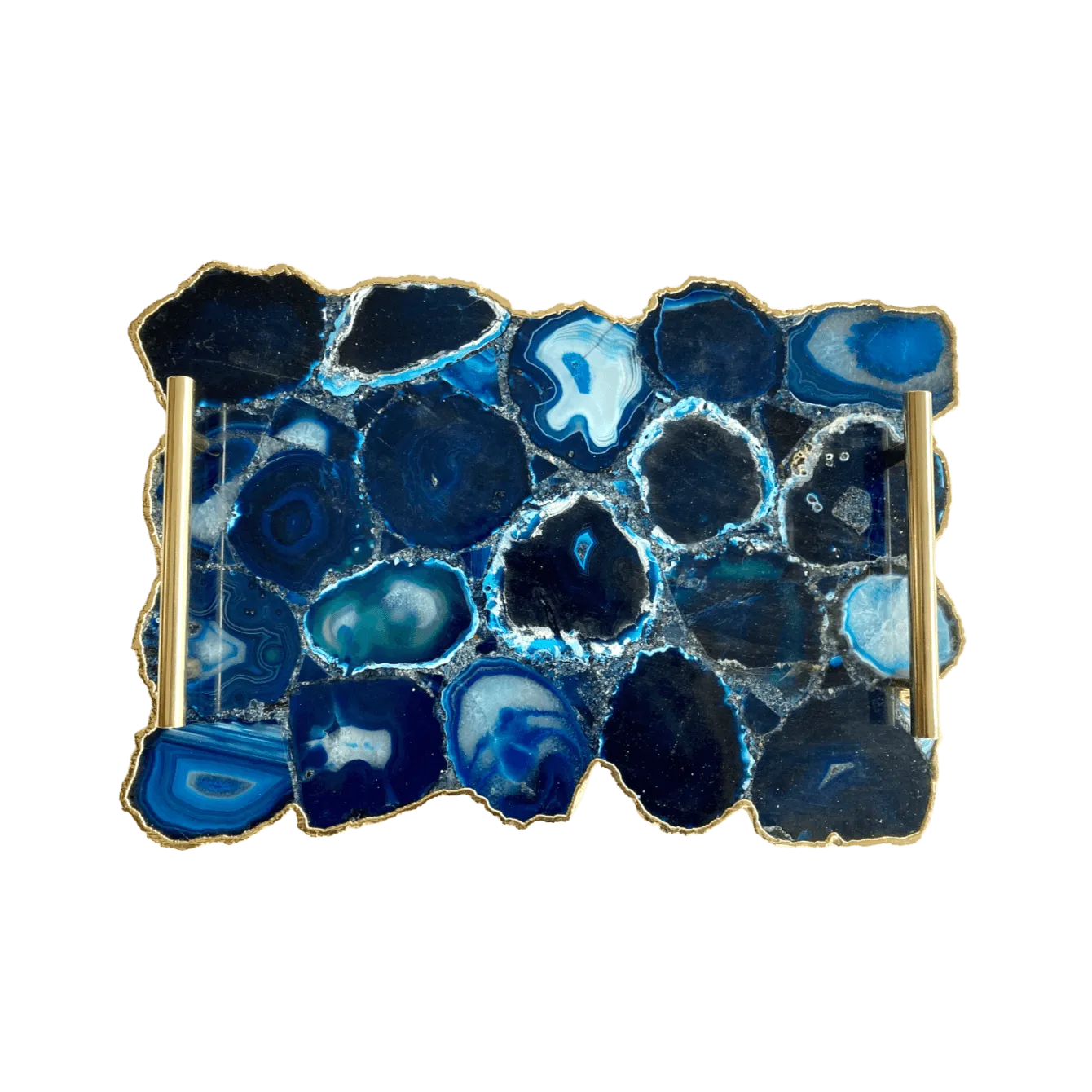 Large Blue Agate Serving Tray With Brass Handles