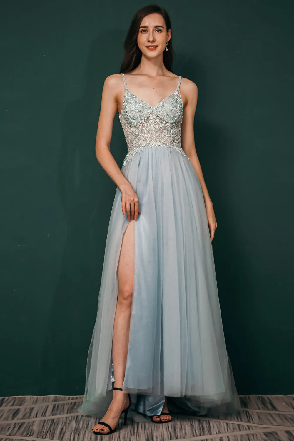 Light blue See-through Sparkle Appliques Prom Dress
