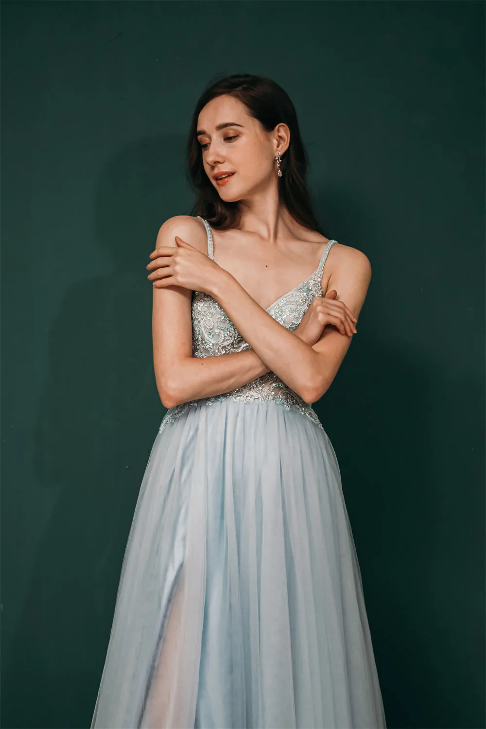 Light blue See-through Sparkle Appliques Prom Dress