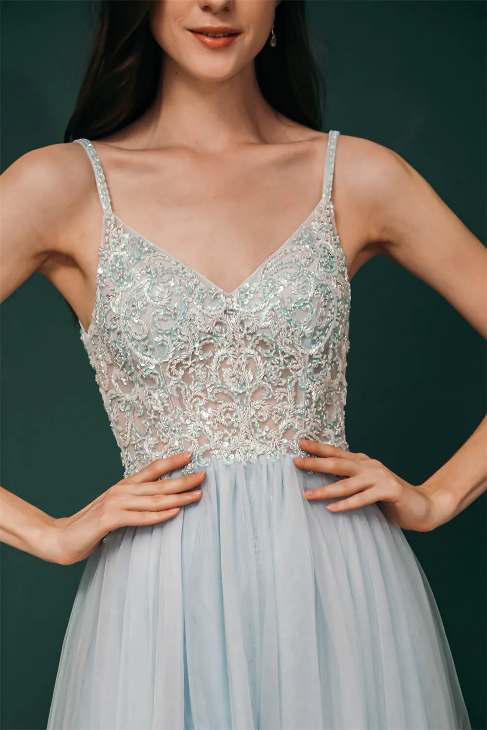 Light blue See-through Sparkle Appliques Prom Dress