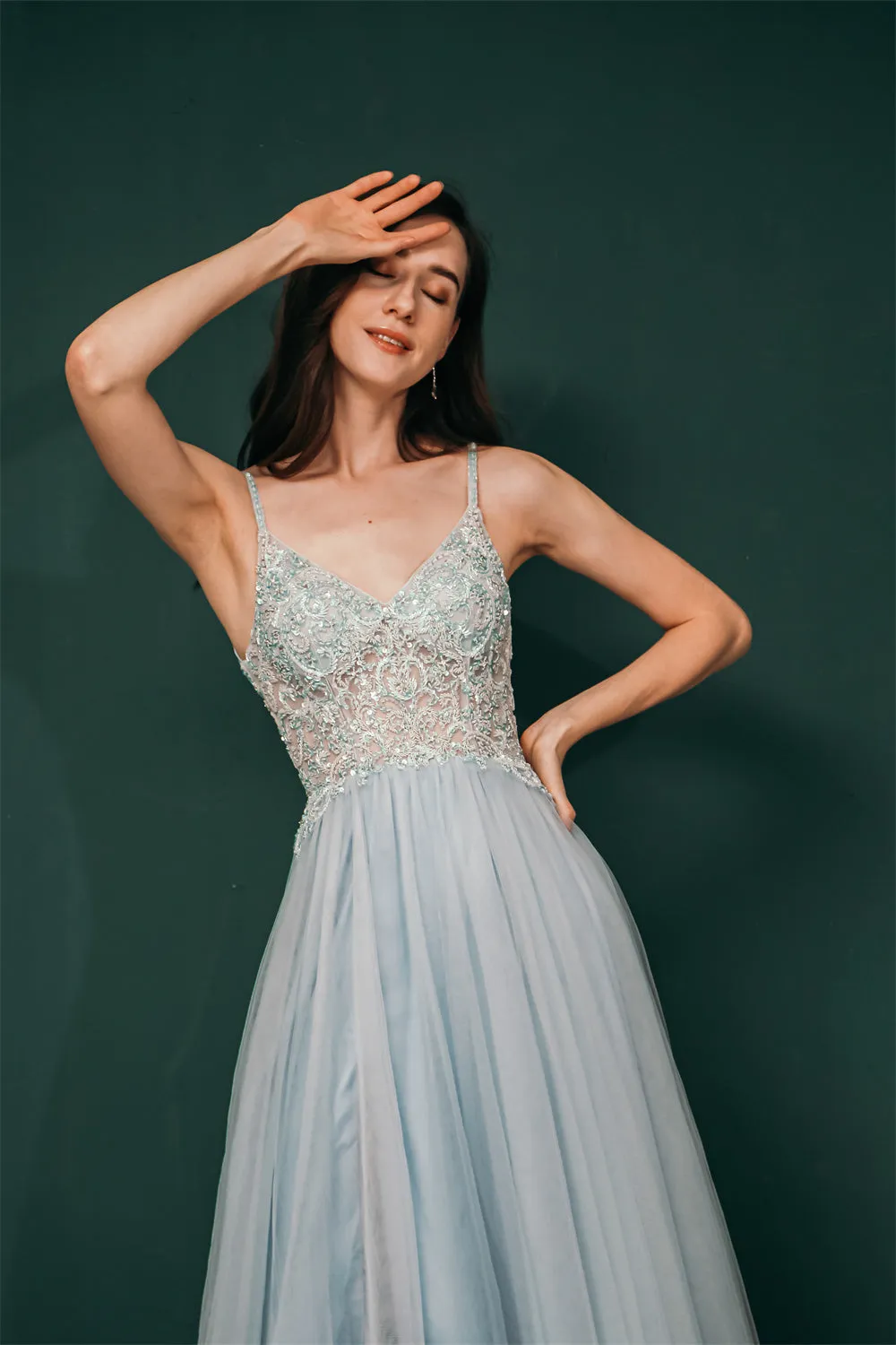 Light blue See-through Sparkle Appliques Prom Dress