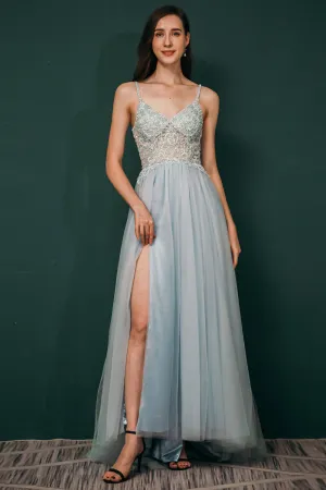 Light blue See-through Sparkle Appliques Prom Dress