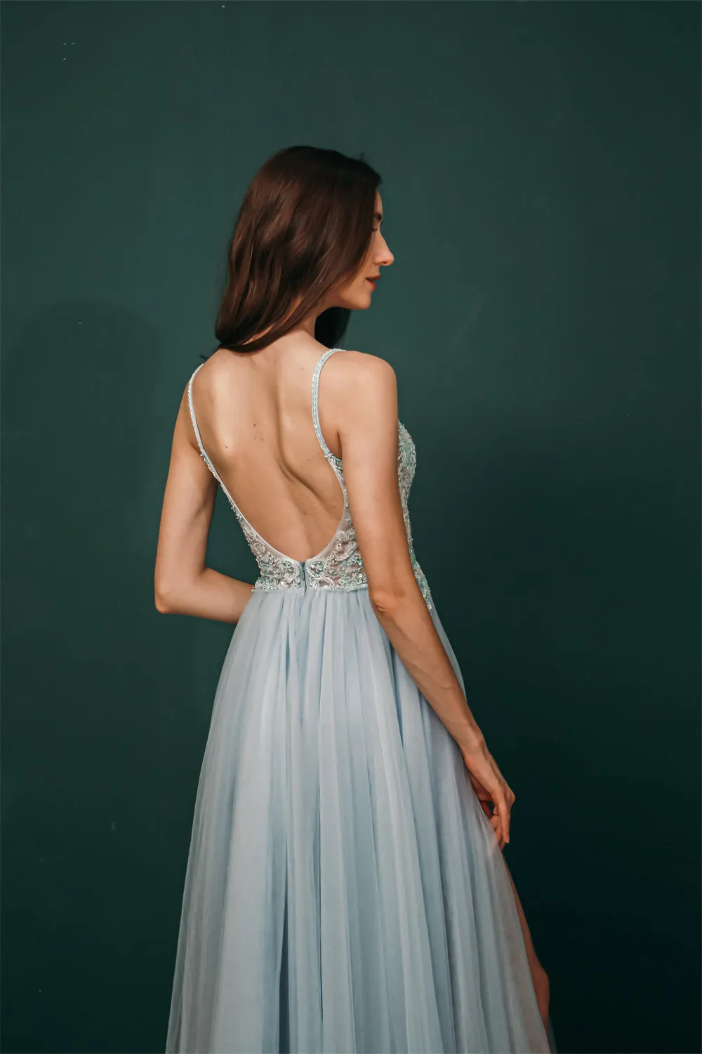 Light blue See-through Sparkle Appliques Prom Dress