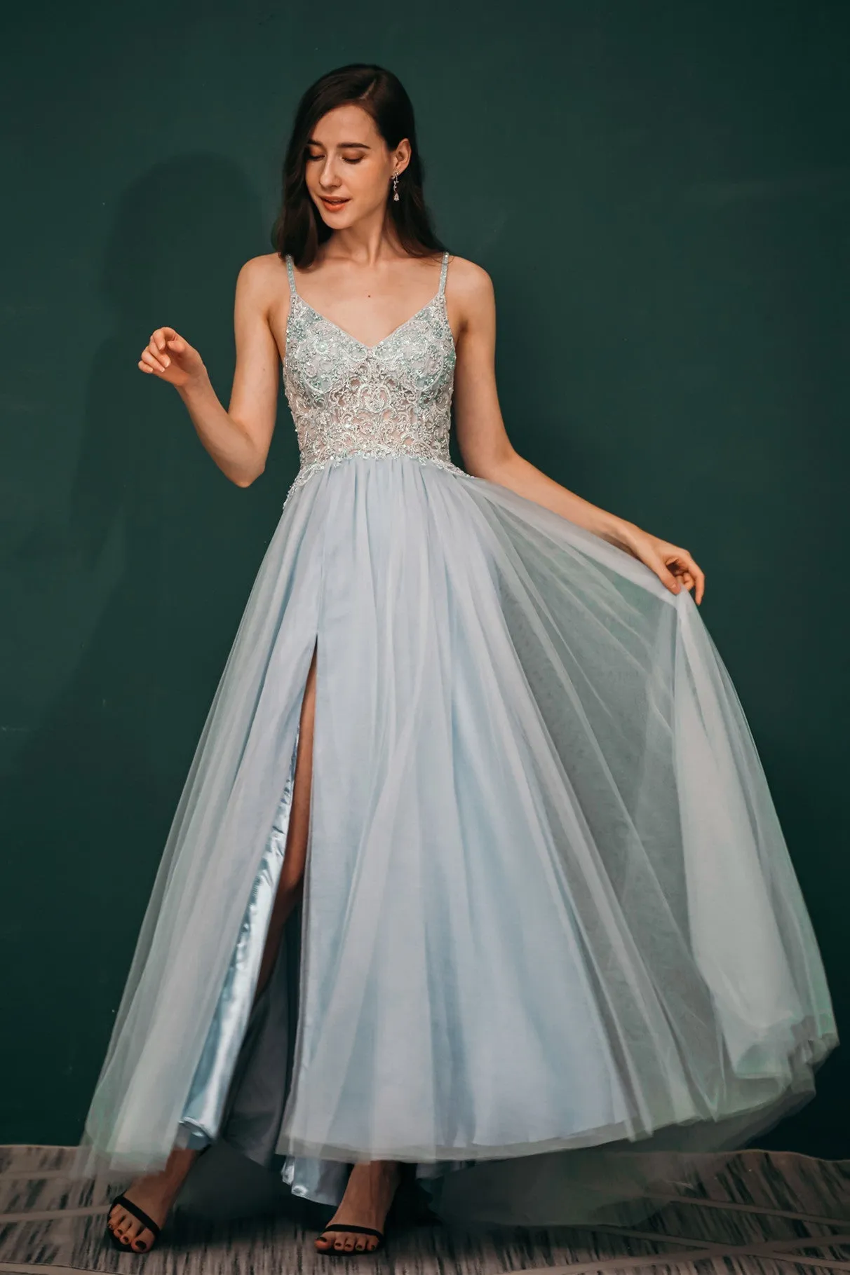 Light blue See-through Sparkle Appliques Prom Dress
