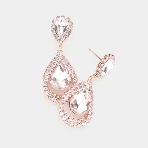 Little Girls Clear Crystal Teardrop and Rhinestone Drop Earrings on Rose Gold | 526167
