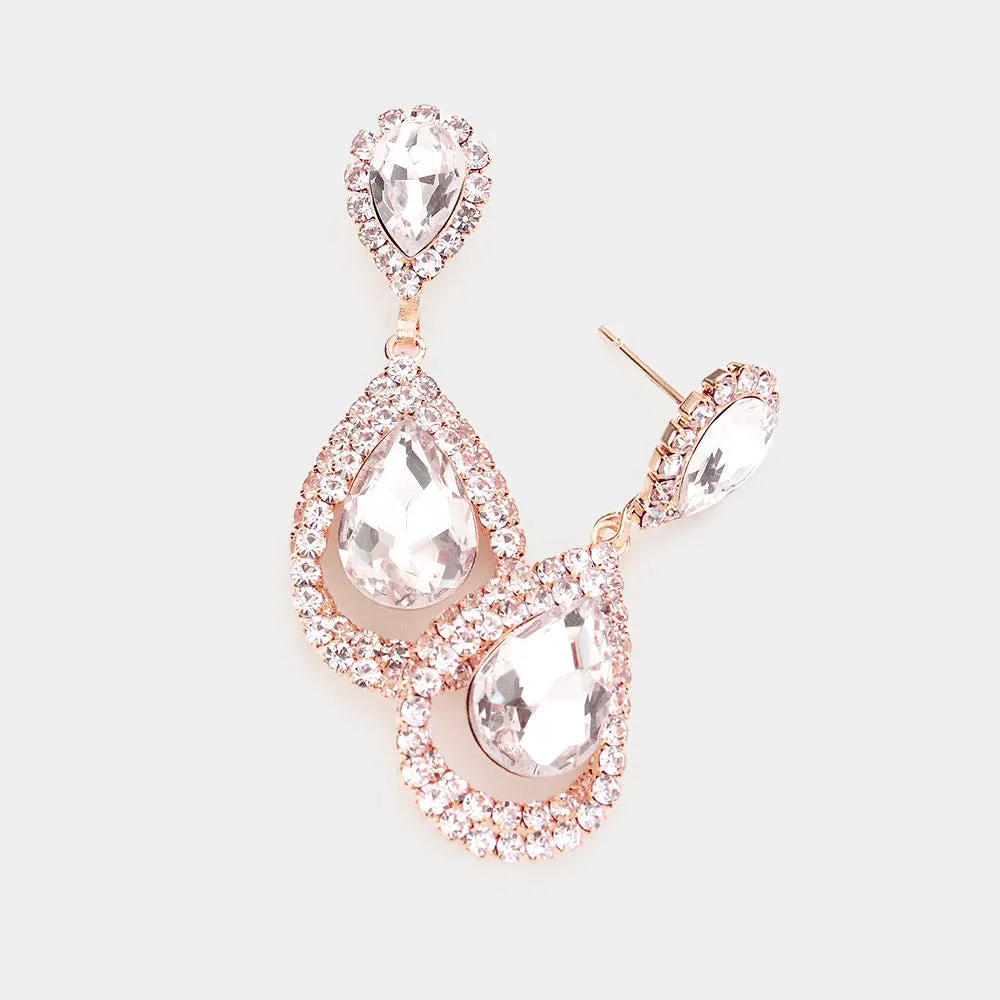 Little Girls Clear Crystal Teardrop and Rhinestone Drop Earrings on Rose Gold | 526167