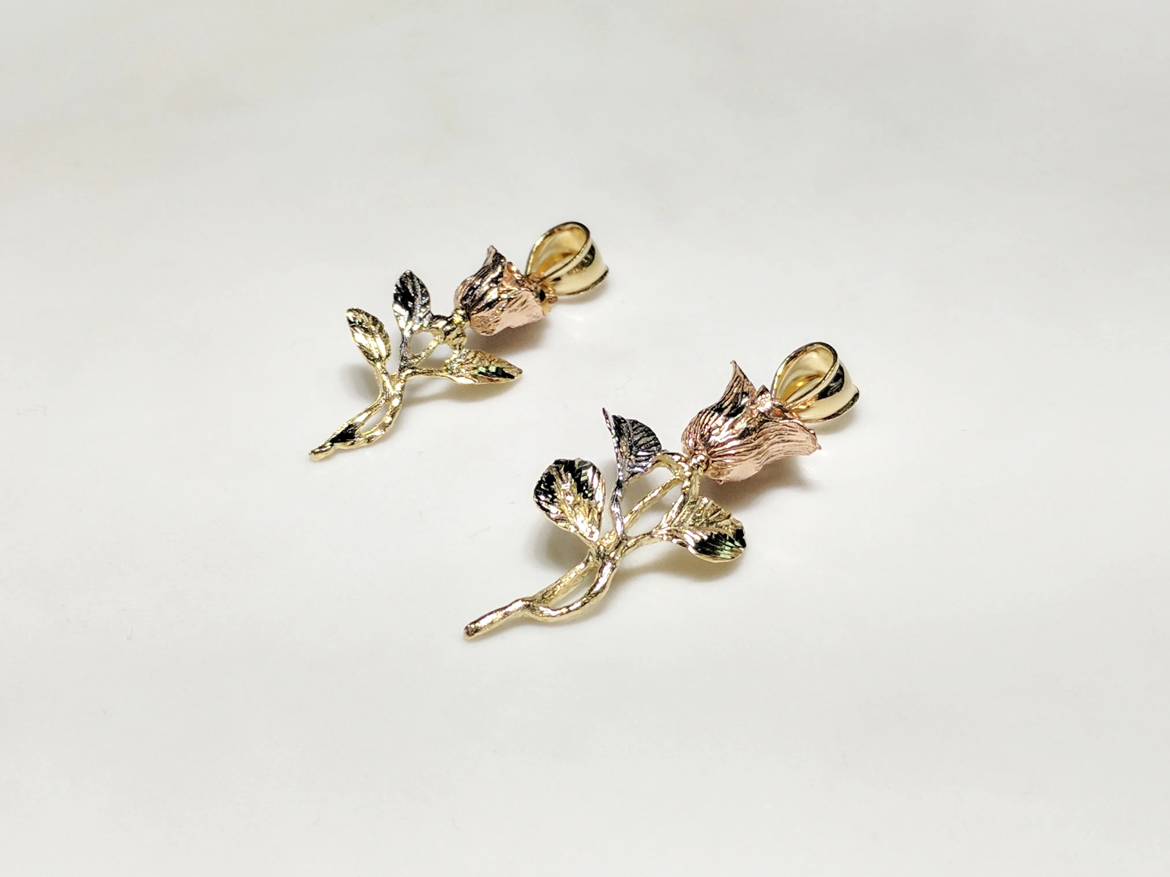 Long Stem Rose Flower Pendant 14K