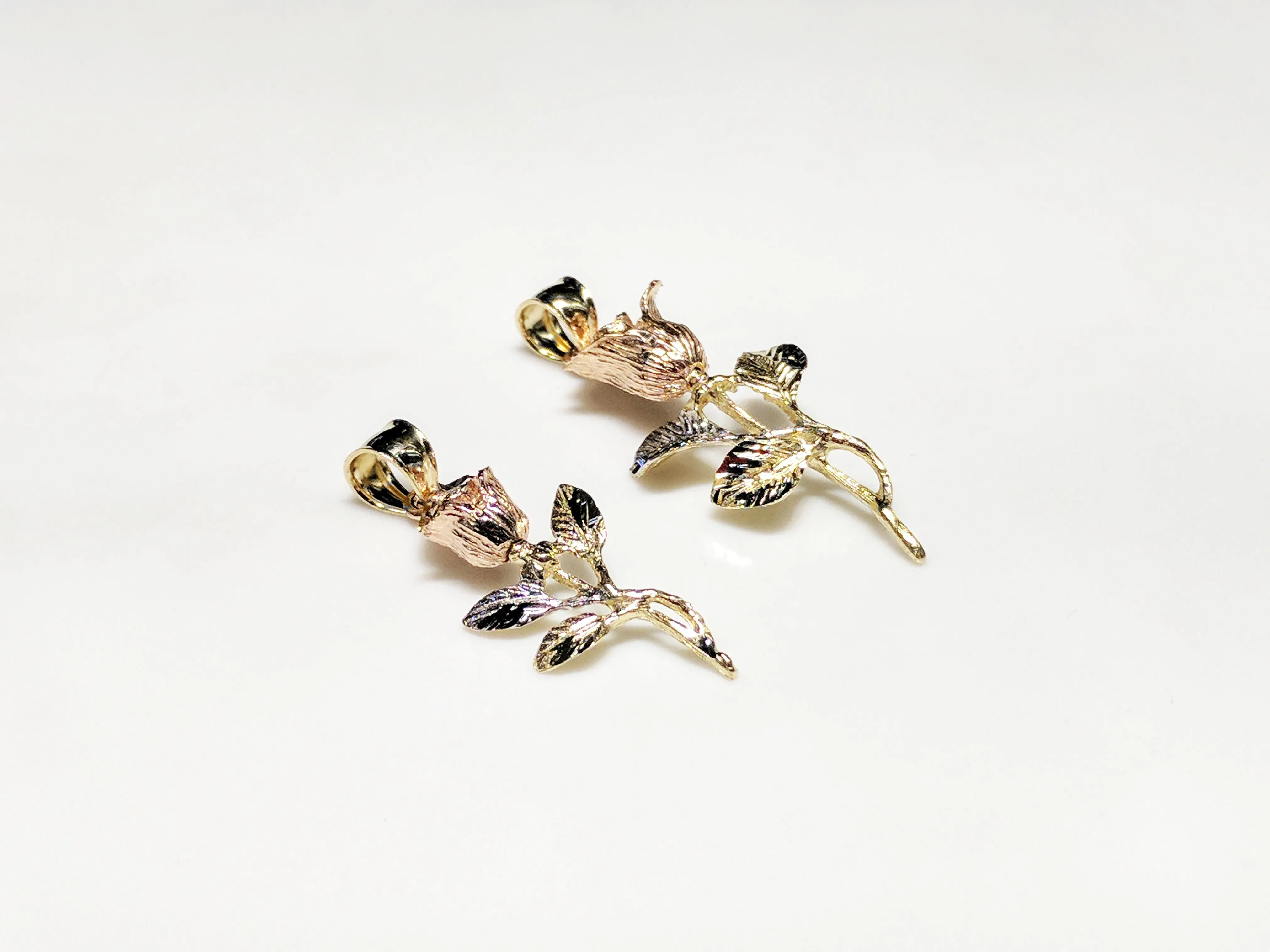 Long Stem Rose Flower Pendant 14K