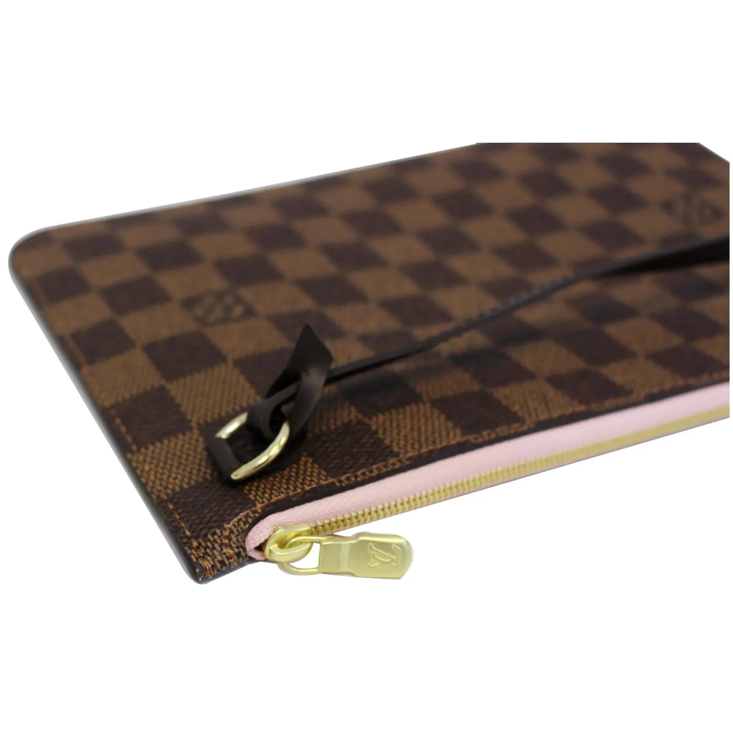 LOUIS VUITTON Pochette Wristlet Pouch Damier Ebene Neverfull MM Rose Ballerine