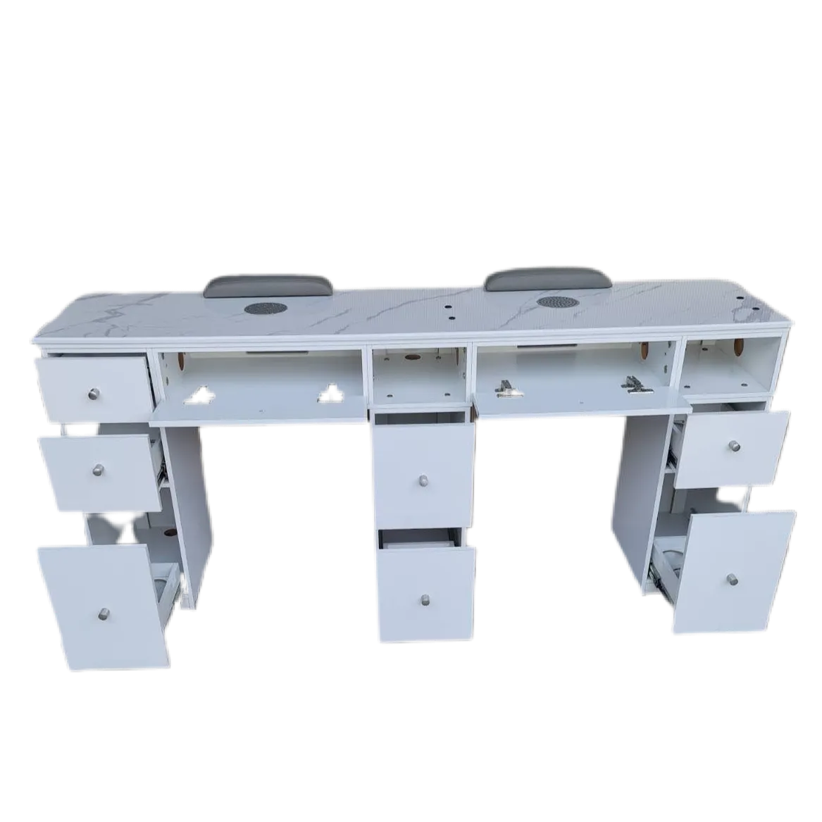 LUX Double Manicure Table with Engineered Marble Top   UV Lamp Hole   Vent/Dust Hole