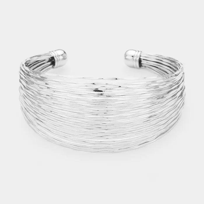 Multi Strand Textured Silver Metal Cuff Pageant Bracelet | 422043