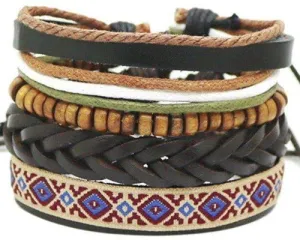 Multicolor and Coconut Bead Leather Surfer Hemp Hippie 4 Piece Bracelet Set