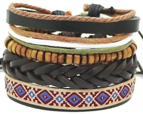 Multicolor and Coconut Bead Leather Surfer Hemp Hippie 4 Piece Bracelet Set
