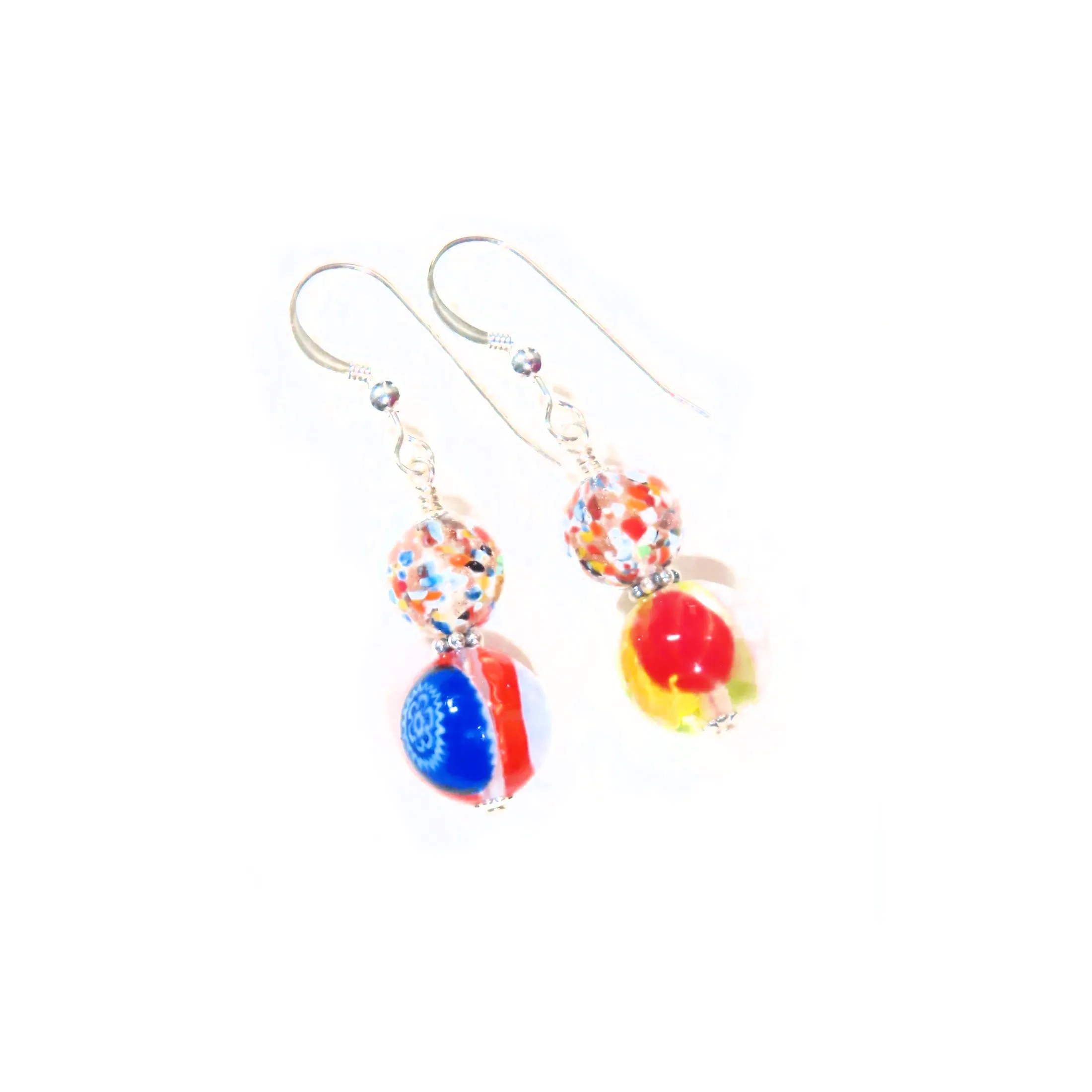 Murano Glass Colorful Millefiori Round Sterling Silver Earrings