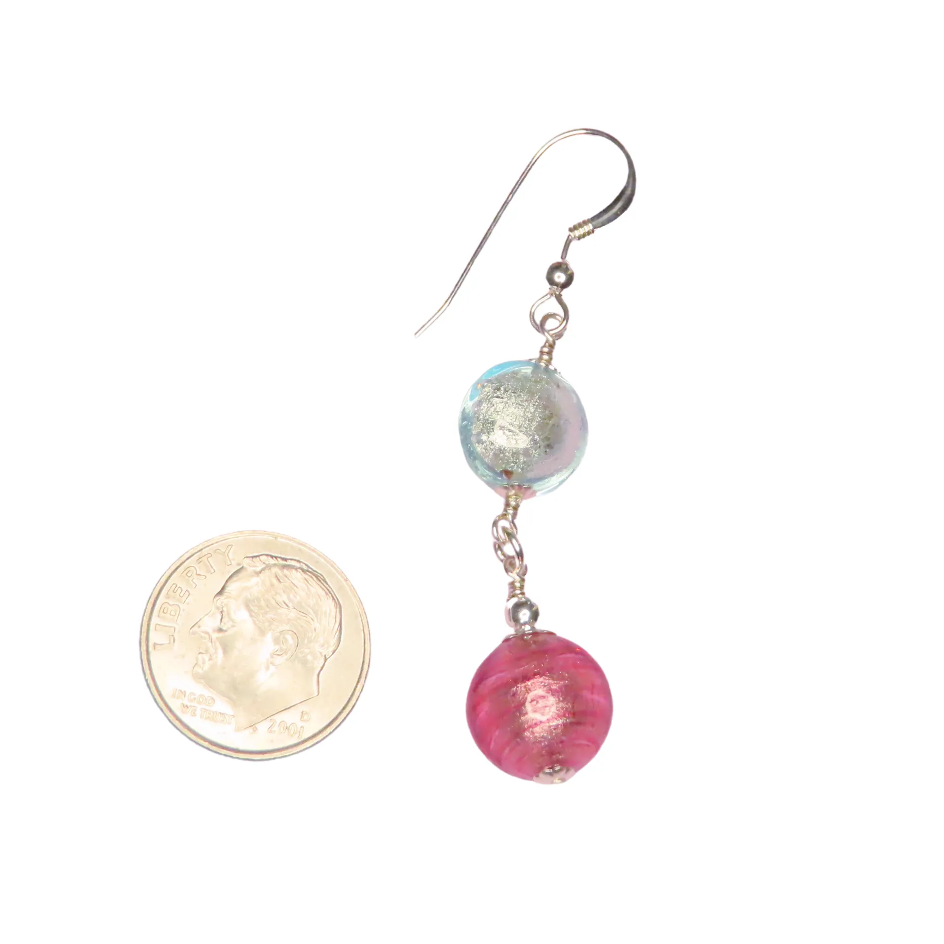 Murano Glass Pink Aquamarine Dangle Silver Earrings