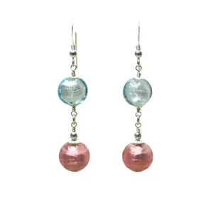 Murano Glass Pink Aquamarine Dangle Silver Earrings