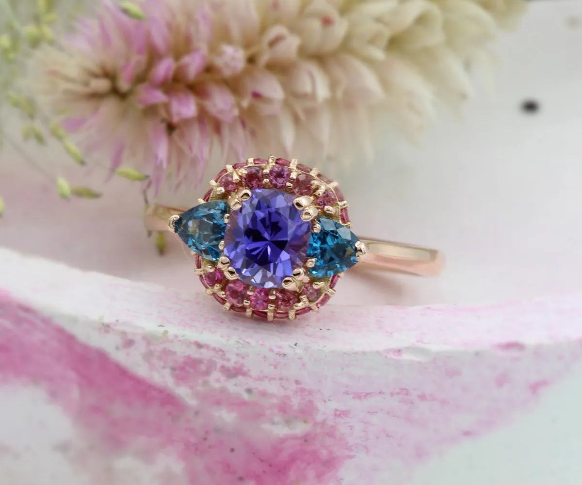 Natural Purple Sapphire Colorful Halo Ring