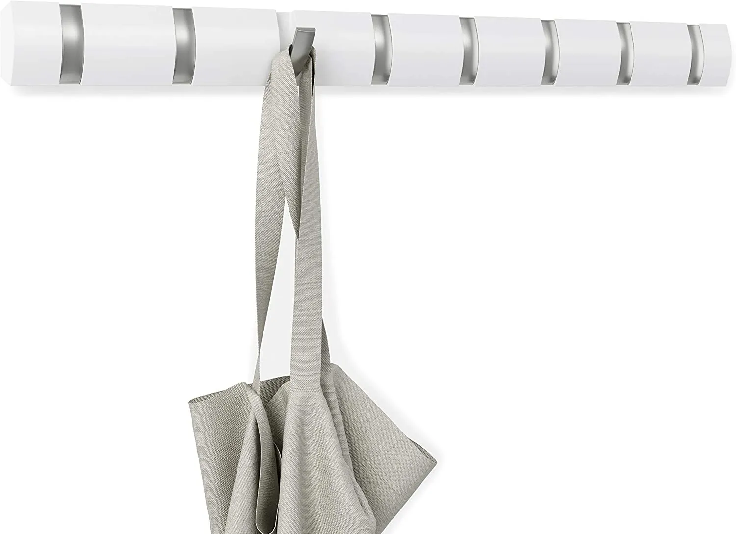 New Umbra Flip 8-Hook Wall Mounted Coat Rack, Modern, Sleek, Space-Saving Coat Hanger with 8 Retractable Hooks to Hang Coats, Scarfs, Purses and More, White/Nickel