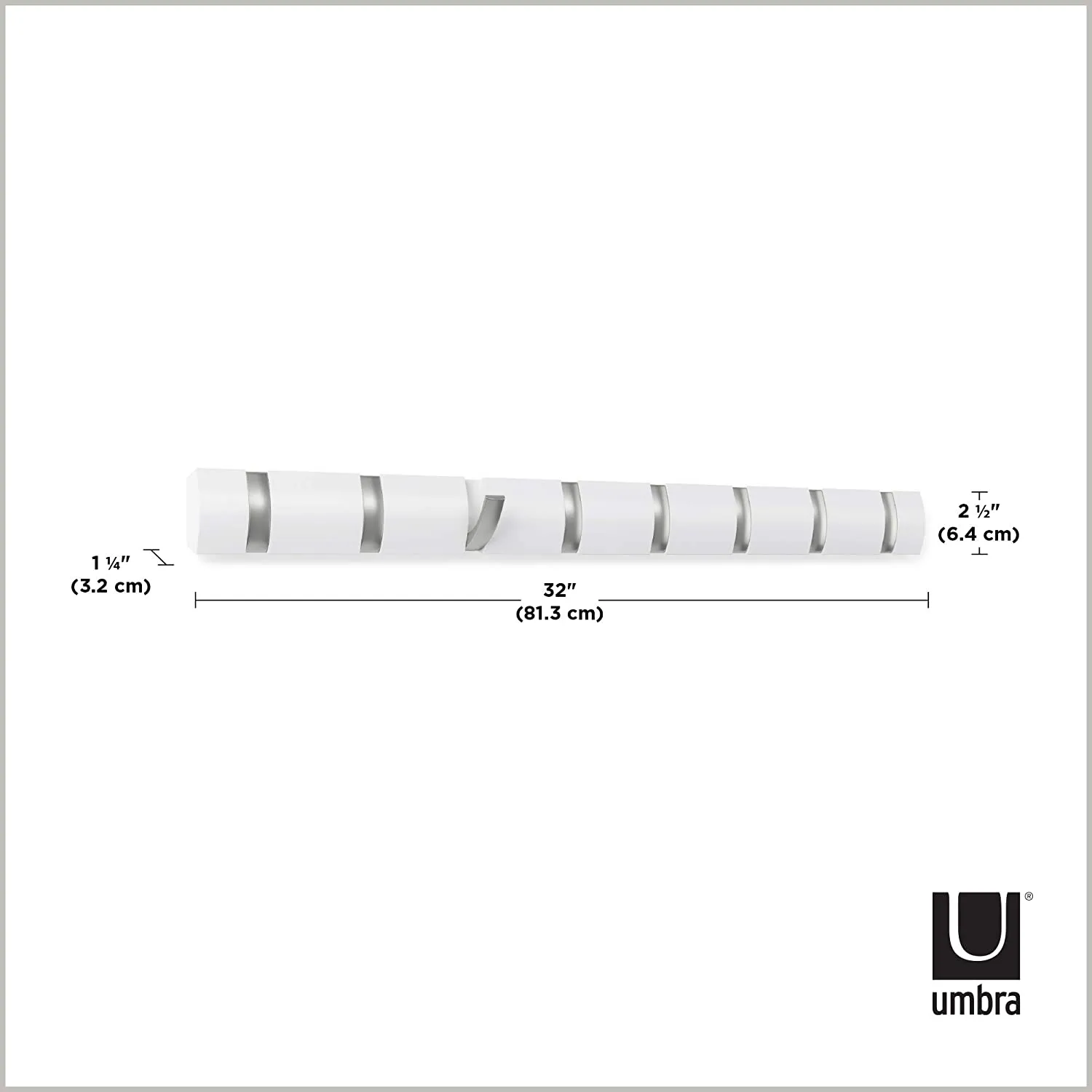 New Umbra Flip 8-Hook Wall Mounted Coat Rack, Modern, Sleek, Space-Saving Coat Hanger with 8 Retractable Hooks to Hang Coats, Scarfs, Purses and More, White/Nickel