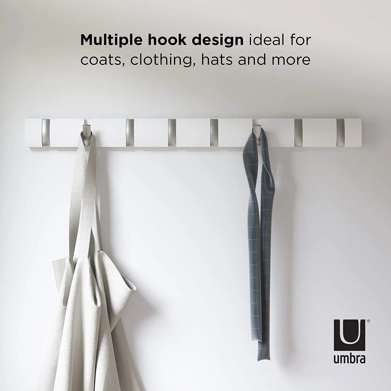 New Umbra Flip 8-Hook Wall Mounted Coat Rack, Modern, Sleek, Space-Saving Coat Hanger with 8 Retractable Hooks to Hang Coats, Scarfs, Purses and More, White/Nickel