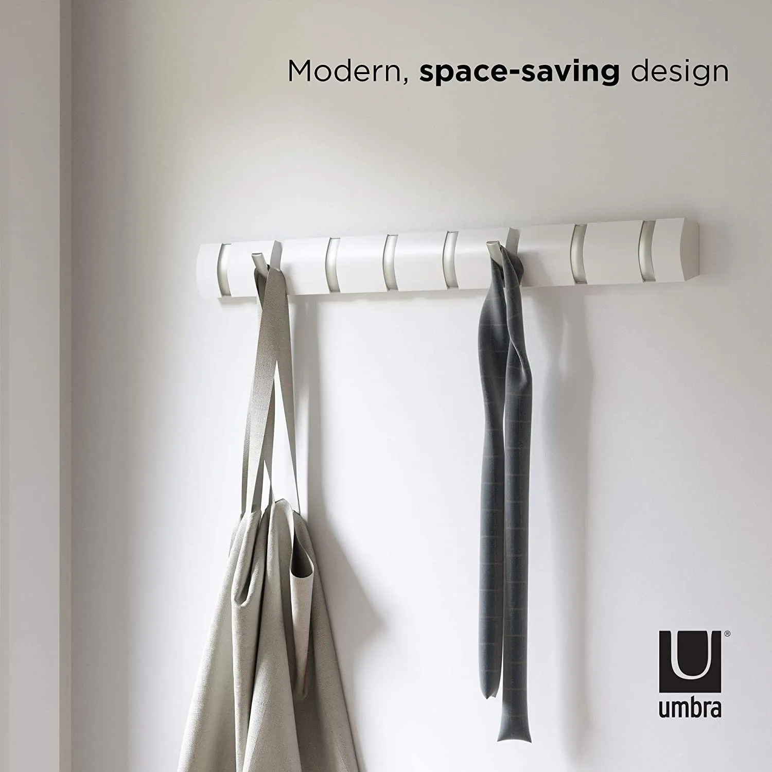 New Umbra Flip 8-Hook Wall Mounted Coat Rack, Modern, Sleek, Space-Saving Coat Hanger with 8 Retractable Hooks to Hang Coats, Scarfs, Purses and More, White/Nickel