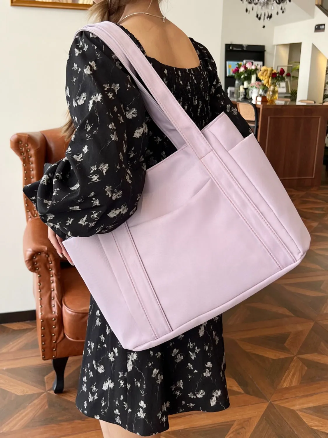 Nylon Oxford Large Tote Bag with Zipper for Women