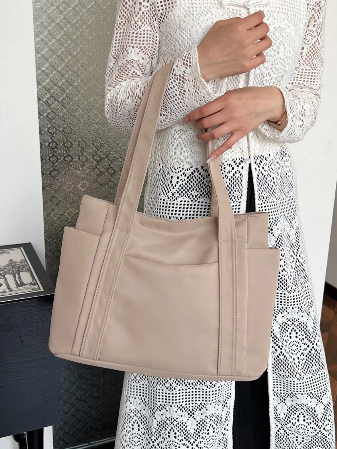 Nylon Oxford Large Tote Bag with Zipper for Women