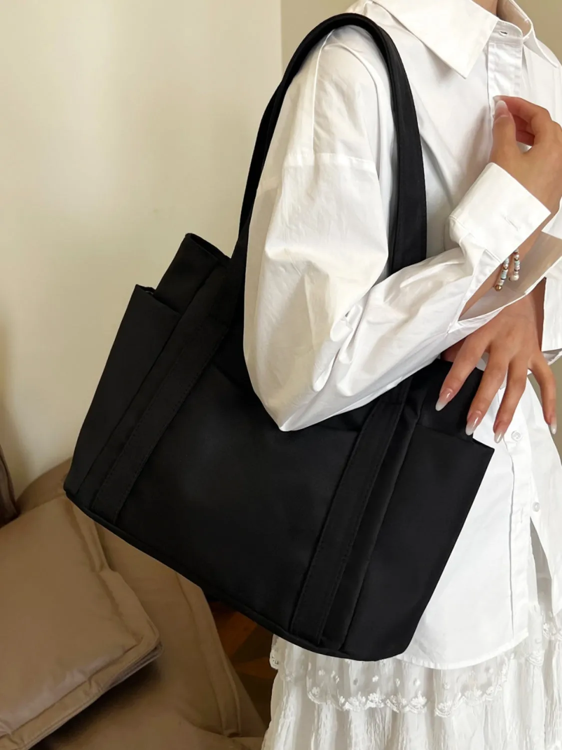 Nylon Oxford Large Tote Bag with Zipper for Women