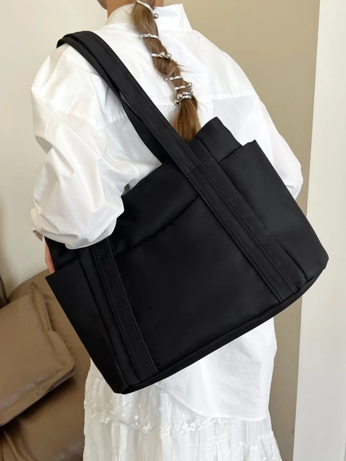 Nylon Oxford Large Tote Bag with Zipper for Women