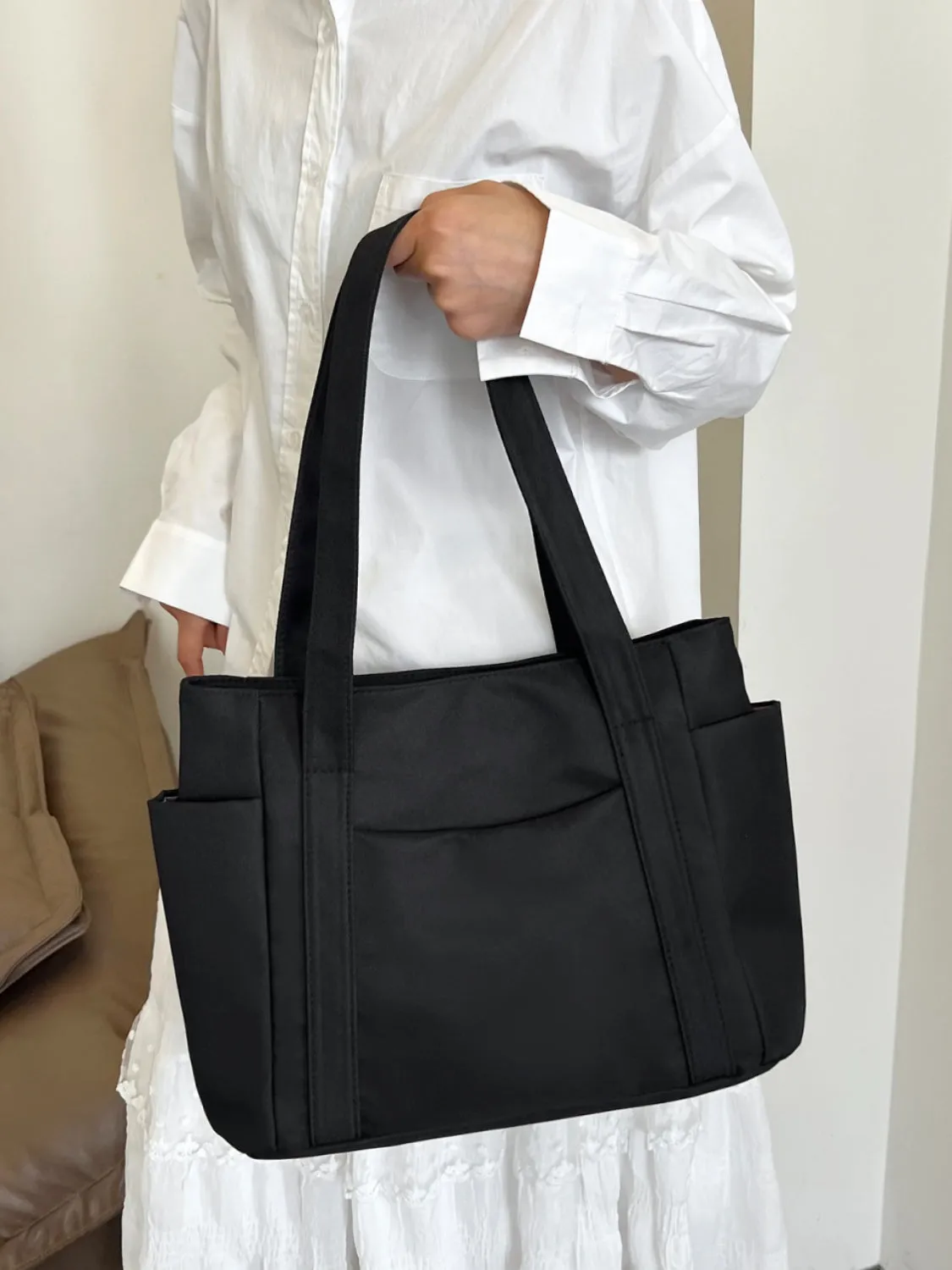 Nylon Oxford Large Tote Bag with Zipper for Women