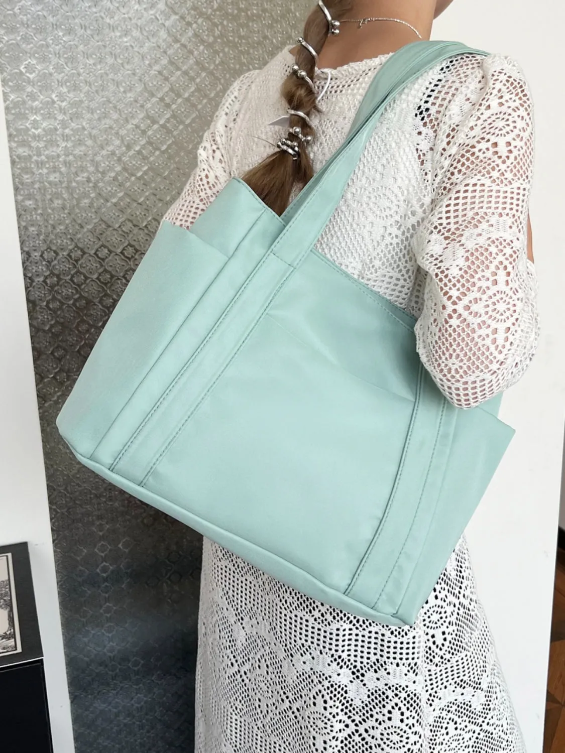Nylon Oxford Large Tote Bag with Zipper for Women