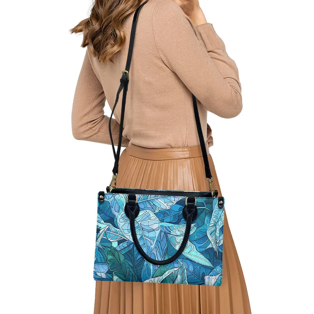 Ocean Leaf Designer  - Versatile Women's PU Leather Twill Handbag in Tropical Blues