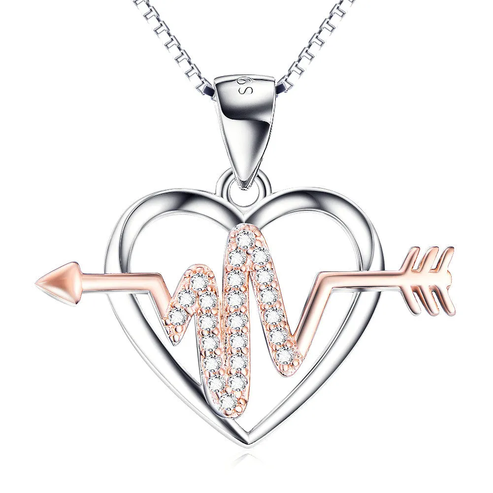 Open Heart and Arrow Cardiogram Pendant Necklace