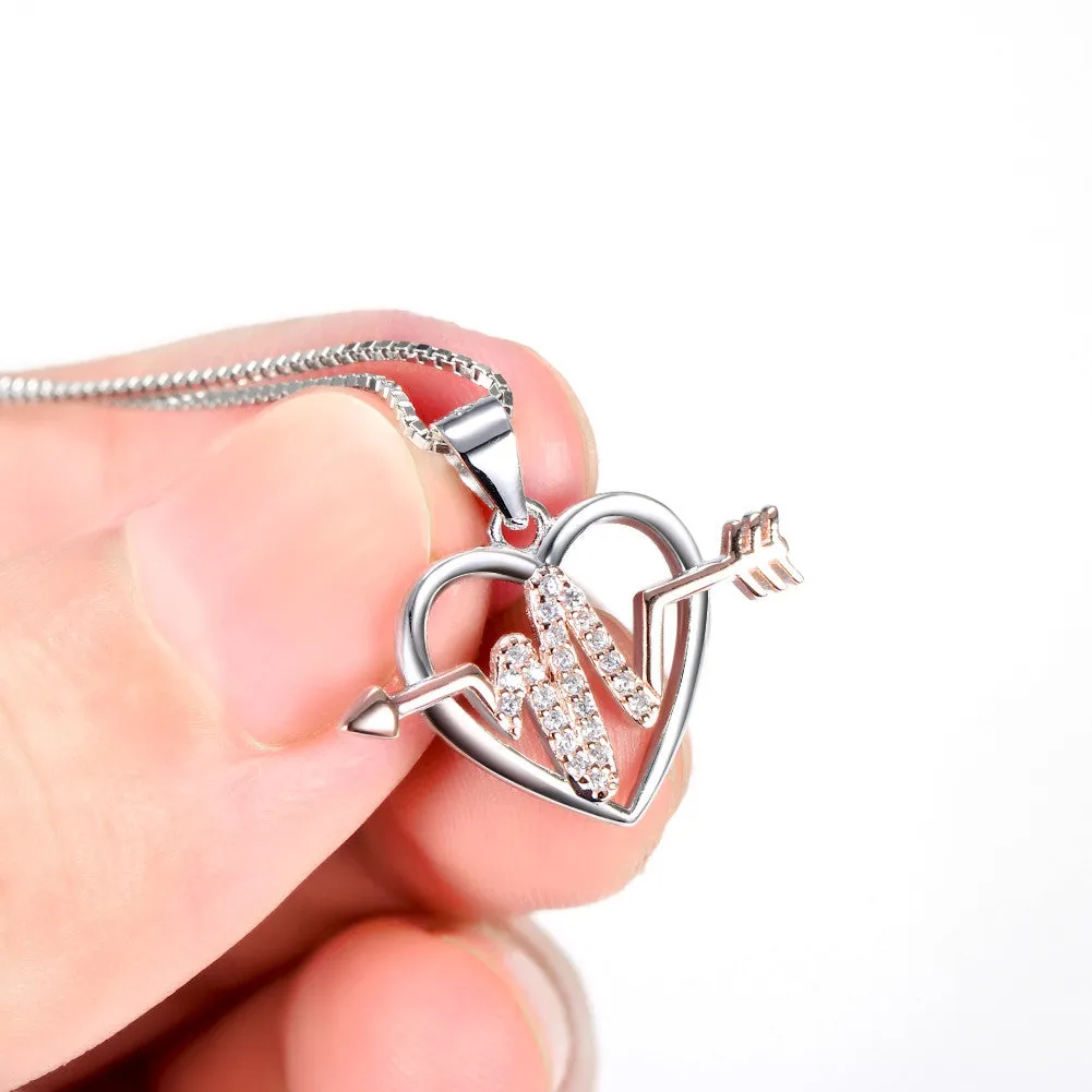 Open Heart and Arrow Cardiogram Pendant Necklace