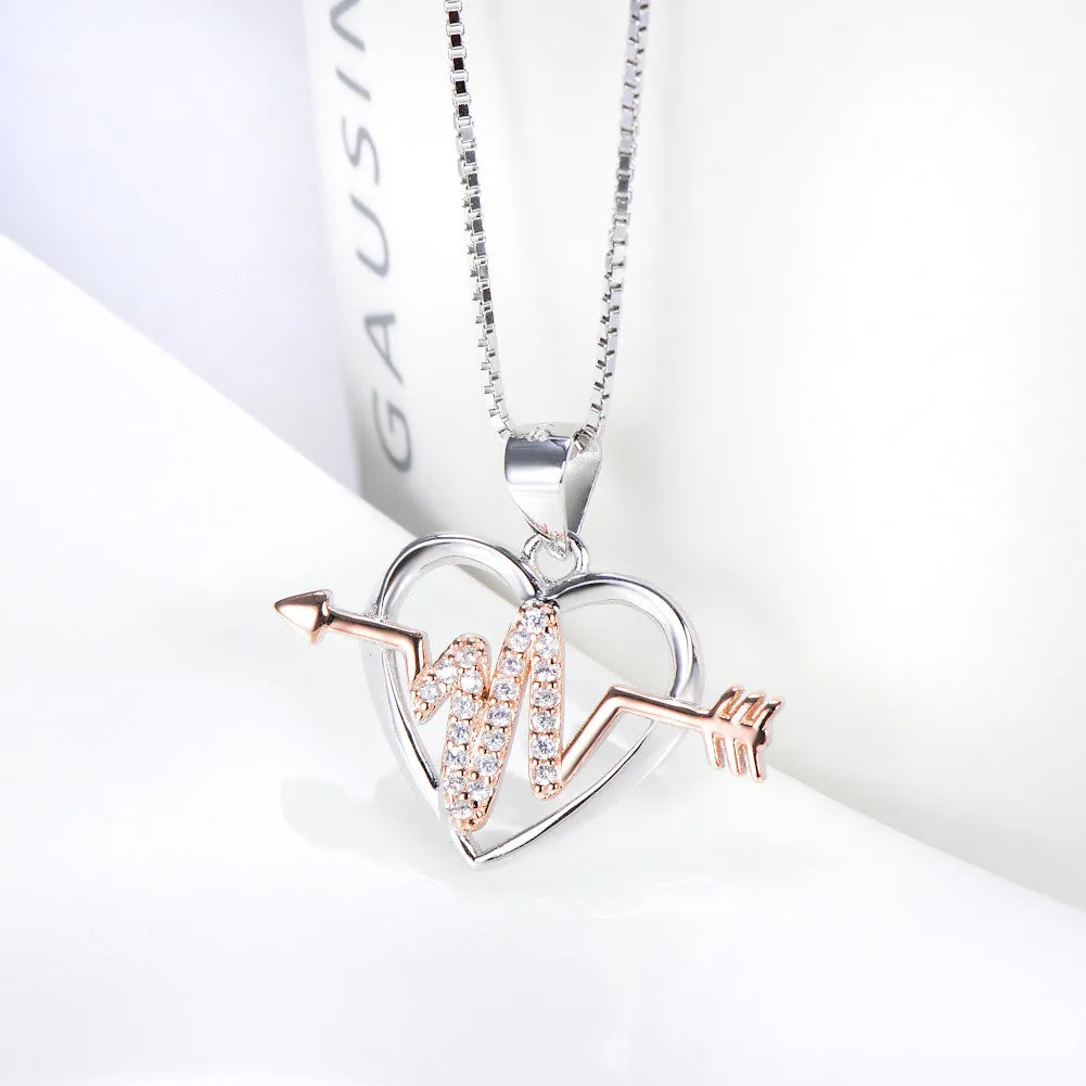 Open Heart and Arrow Cardiogram Pendant Necklace