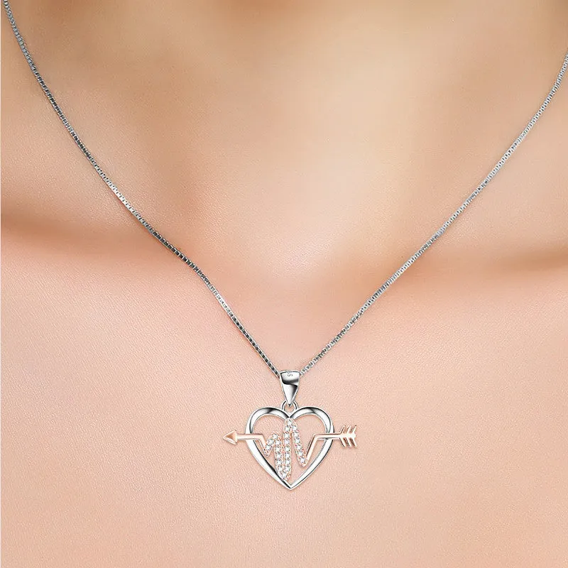 Open Heart and Arrow Cardiogram Pendant Necklace
